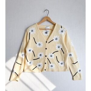 Christopher Vintage Hand Embroidered Floral Cardigan Yellow Cottagecore Small